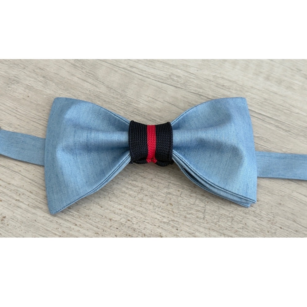 Mens Light Blue Chambray Bow Tie Red Navy Striped Knot Pre-Tied Adjustable